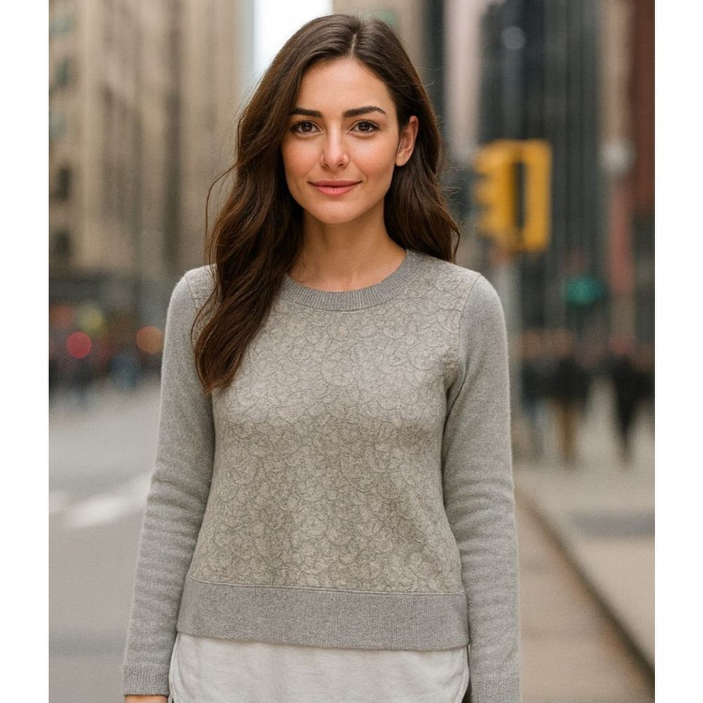 Women's Simply Vera Vera Wang Grey White Lace Crew Neck Sweater S